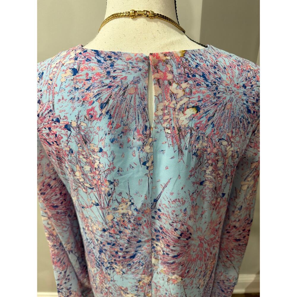 BCBGMAXAZRIA Size M Blue Floral Long Sleeve Ruffle Hem Shift Dress - Picture 10 of 16